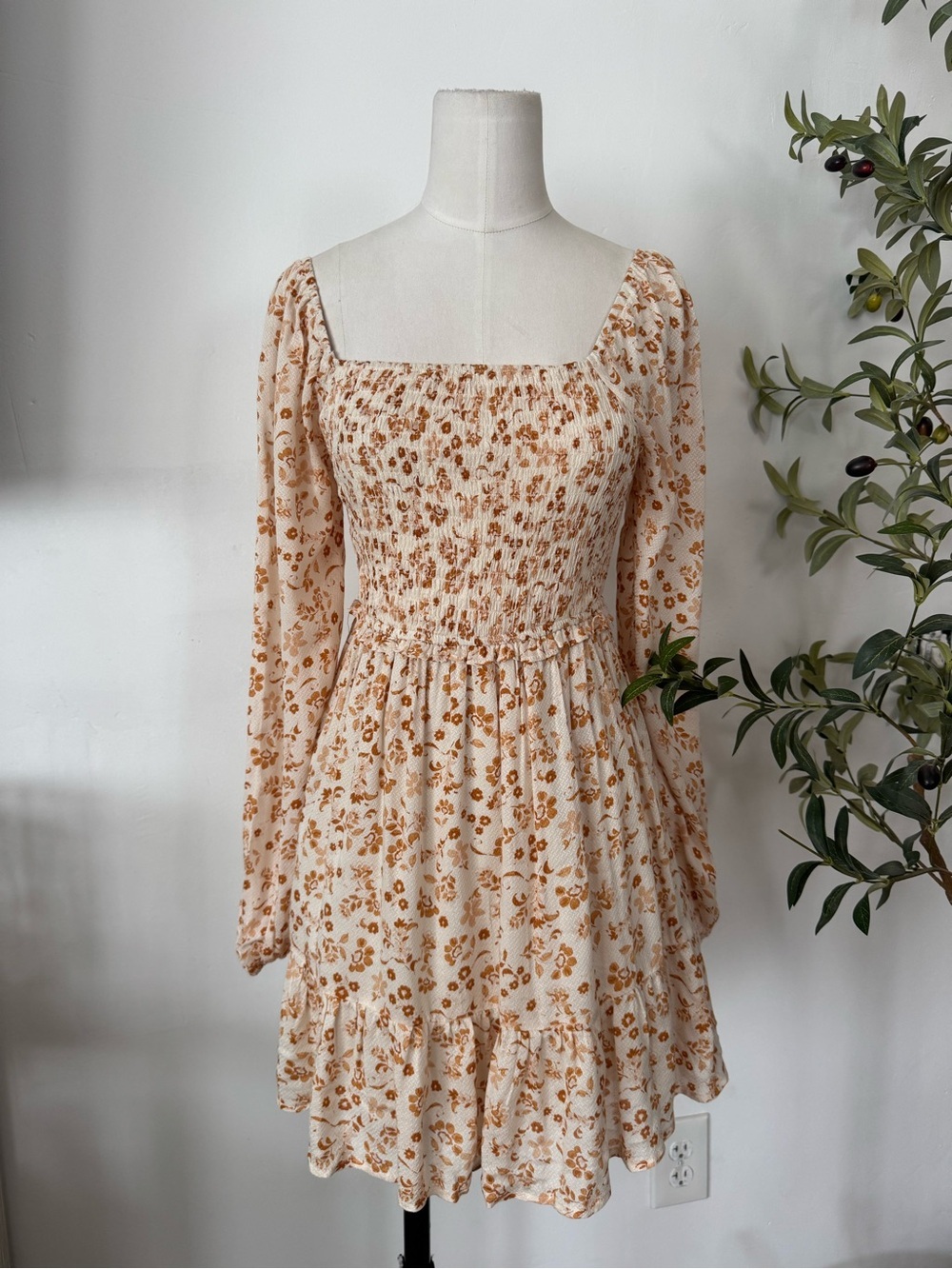 Altar d state Floral Smocked Dress Rayon Cottagecore Long Sleeve Square Neck